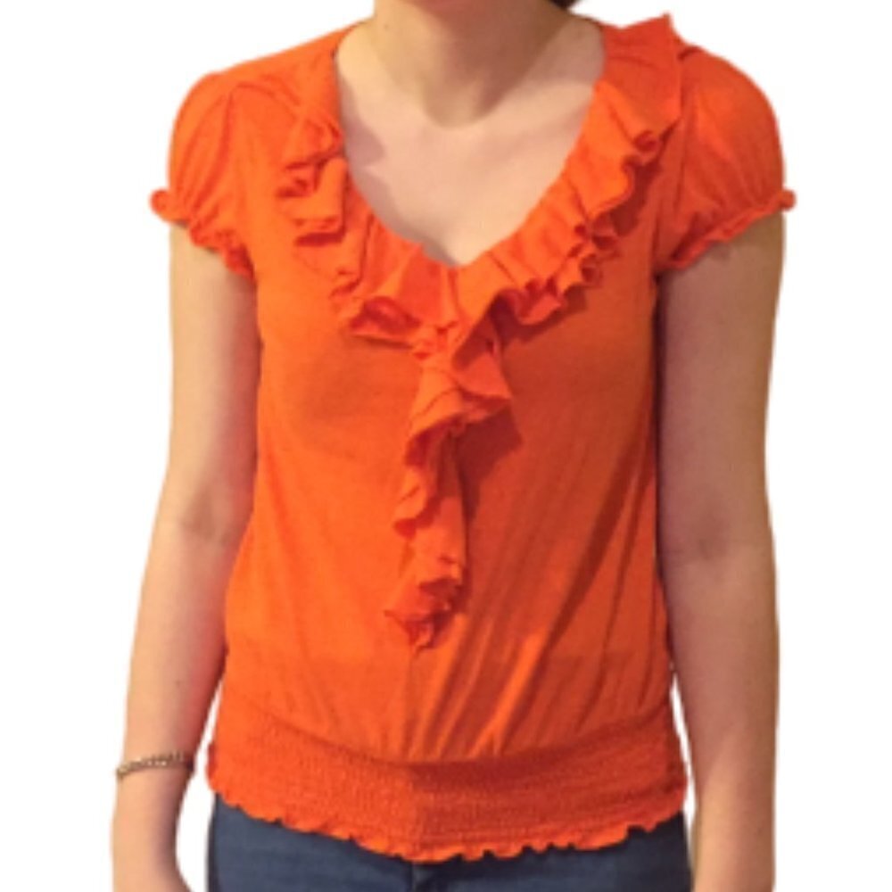 INC International Concepts Ruffle Neck Smocked Waist Cap Sleeve Top Orange Size